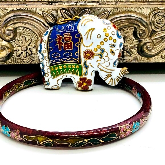 Vintage Cloisonne Elephant Pendant & Bangle - Picture 8 of 14